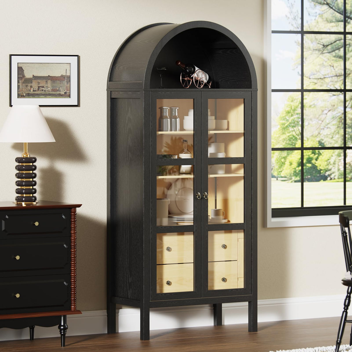 ROOMTEC Modern Farmhouse Arched Cabinet with Auto Sensor Light and Adjustable Shelves in Black Oak ROOMTEC