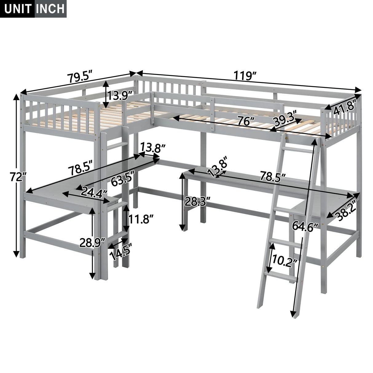 CITYLIGHT Twin Size L-Shaped Loft Bed with Built-in Desks – Grey, Perfect for Kids and Teens CITYLIGHT