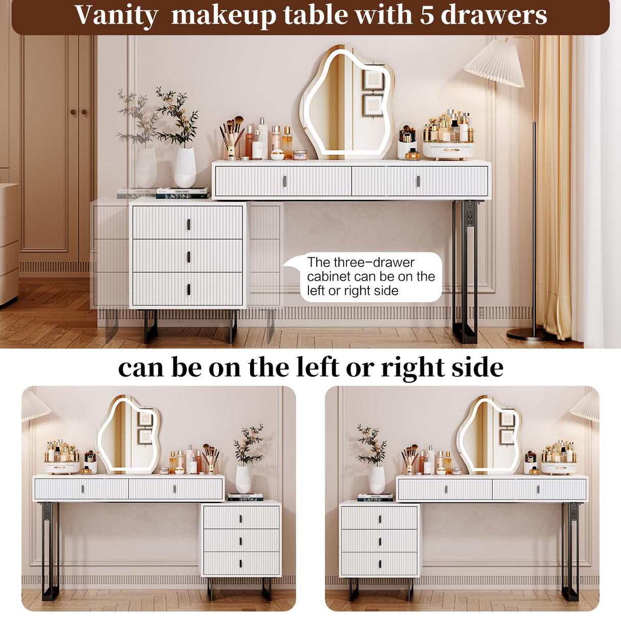 Ieejdn White with plug,Large Vanity Desk with 3 Color Touch Screen Dimming Mirror, Modern Retractable Makeup Dressing Table with Adjustable Cabinet and 5 Sliding Drawers,Vanity Table with Power Strip Ieejdn