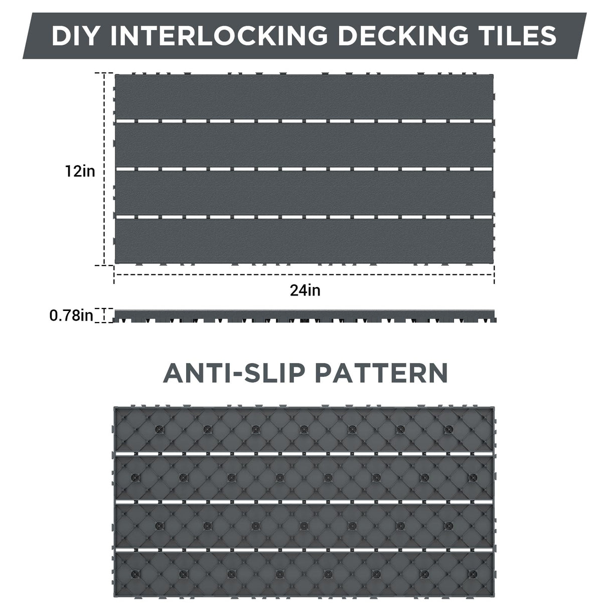 Plastic Interlocking Deck Tiles Waterproof 12x24'' Exstra Long Patio Flooring 24 PCS Outdoor Deck Tiles for All Weather Use - Balcony, Backyard, Indoor & Outdoor (Grey) ZUGELAN