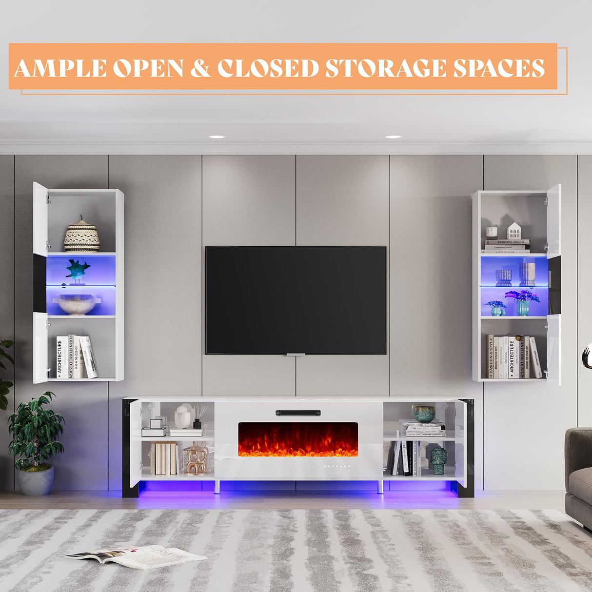 AMERLIFE 3 Piece Modern Wall Unit Entertainment Center Set, High Gloss 70" Fireplace TV Stand with 36" Electric Fireplace, 2 LED Wall Cabinets with Storage for Living Room, White AMERLIFE