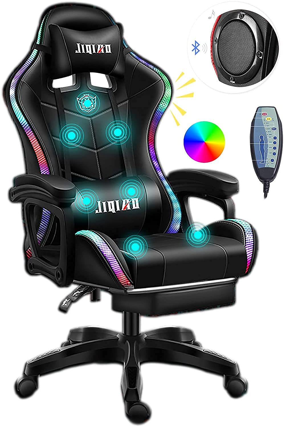 Gaming Chair with Bluetooth Speakers, Video Game Chairs Gaming Lights- Ergonomic Massage Gaming Chair Full Massage Lumbar Support Adjustment of Backrest Dual Gaming Chair… WLYMQFC