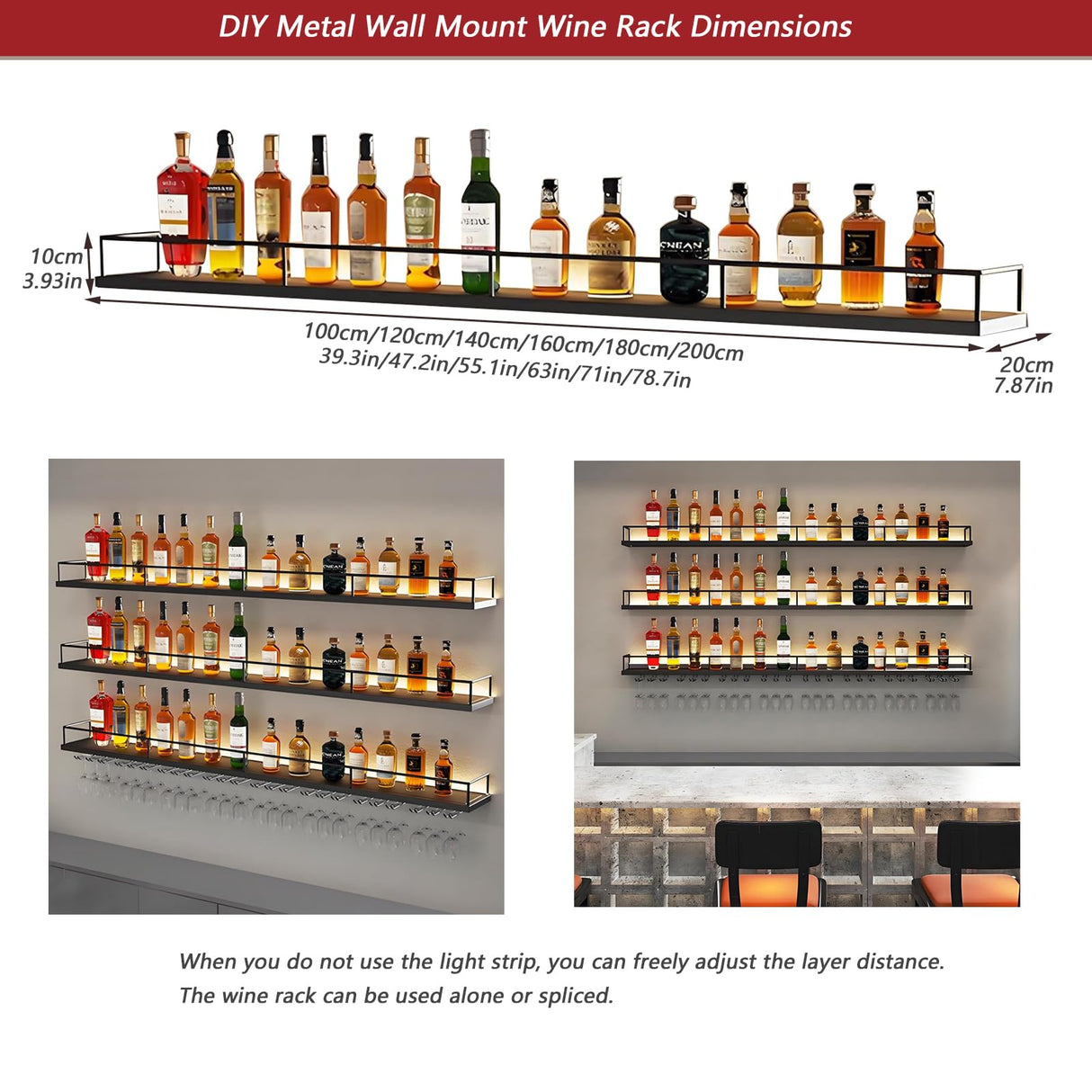 71in Wall-Mounted Metal Wine Rack with LED Lights 3-Tier Floating Bar Shelves with Wine Glass Rack Large Wine Bottle Display Rack Hanging Shelf, for Home Bar Dining Room Decorative (black, 180cm/71in) Dawselod