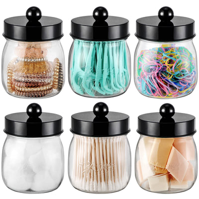 Farmhouse Decor Apothecary Jar Set,Mason Jar Bathroom Vanity Storage Organizer Canister - Qtip Holder Plastic Acrylic Jar for Cotton Swabs,Cotton Pads,Floss Picks,Paper Clips,Hair Clips(6 Pack,Black)