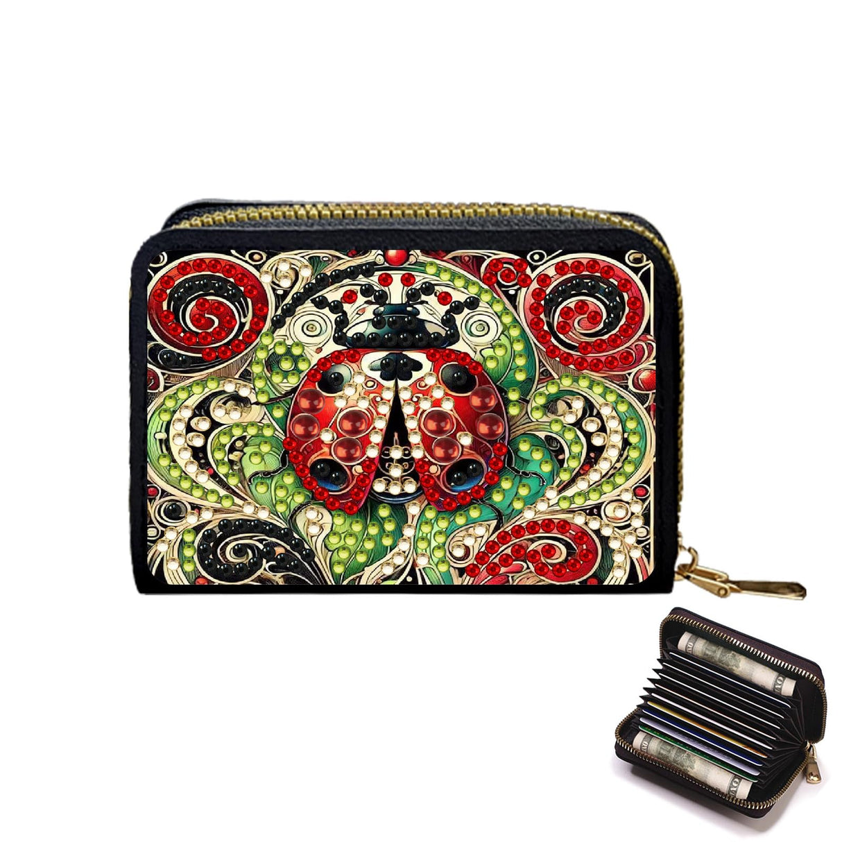 DoxQcs Anti-demagnetization Coin Card Holder, DIY Diamond Art Painting Leather Zipper Card Case Wallet-Ladybird-2 DoxQcs