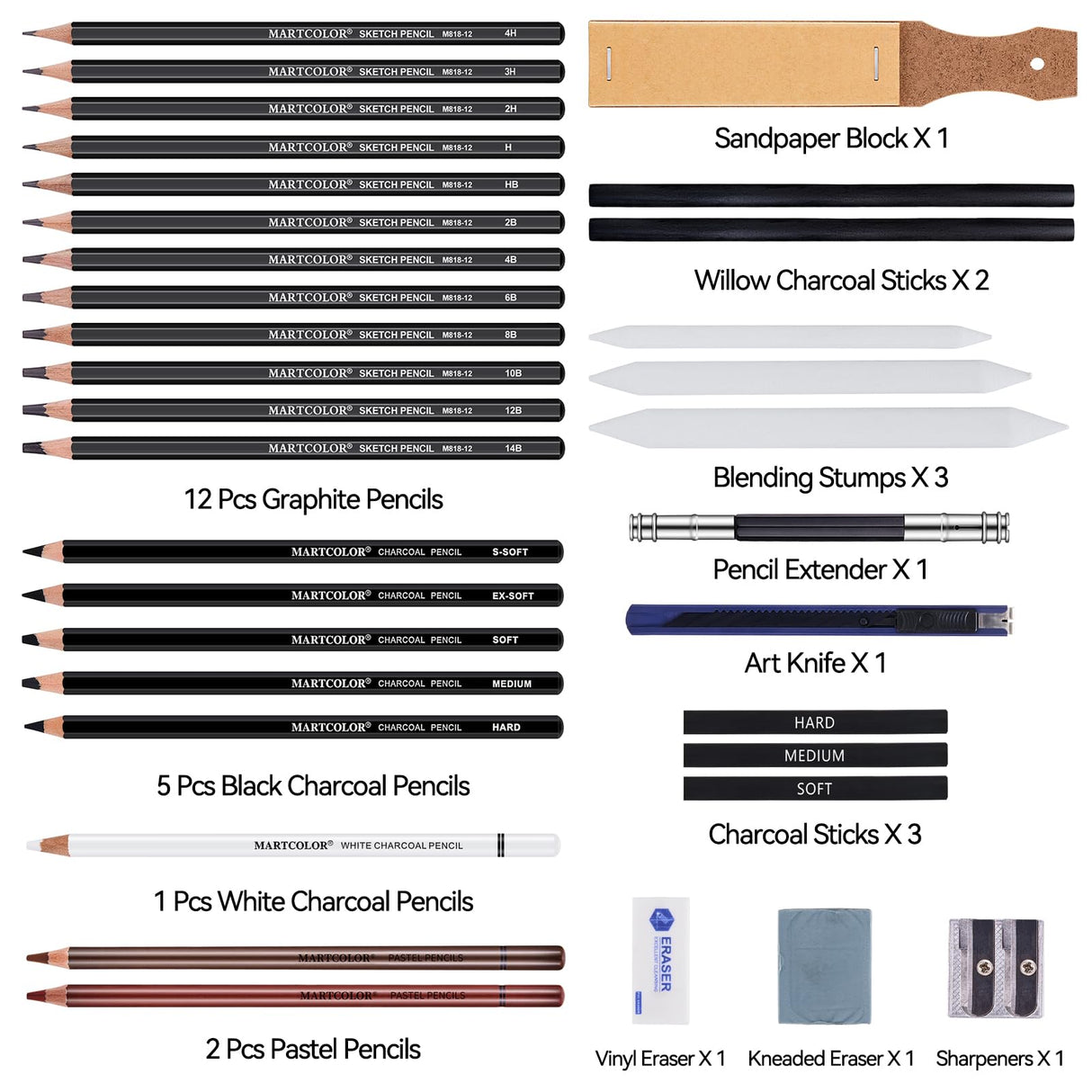 MARTCOLOR Drawing Sketching Pencils Set, 34 Pieces Pro Art Pencil Kit - Graphite Pencils (14B-4H), Charcoal Pencils, Charcoal Sticks, Artist Pencils for Beginners & Pro Artists MARTCOLOR