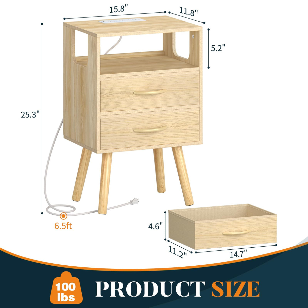 Yoobure LED Night Stand with Charger Station, Mid Century Modern Nightstand with Fabric Drawers, Bedside Table Nightstands with Storage Shelf, Bed Side Table Small Night Stands for Bedroom Living Room Yoobure