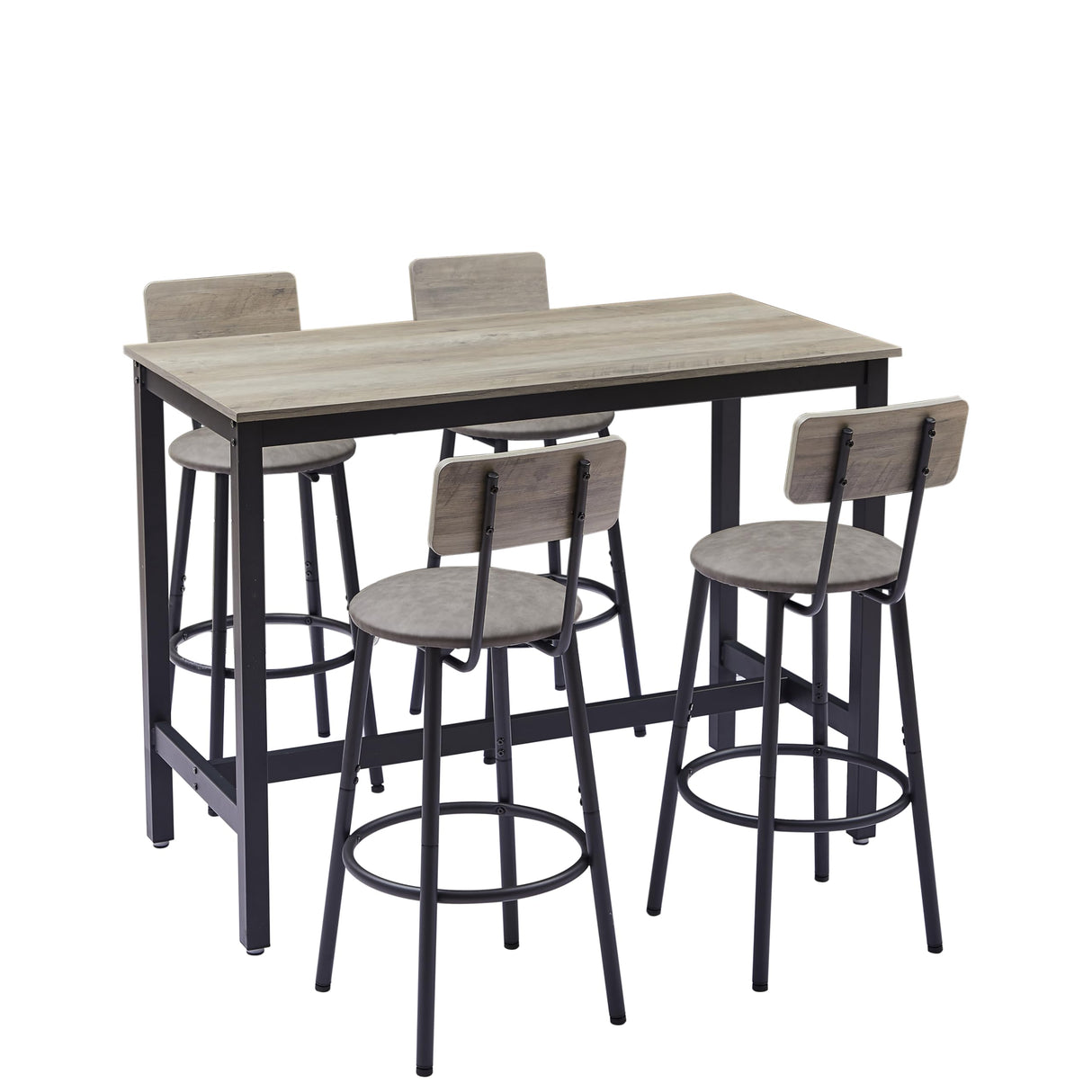 GLANZEND Industrial 5-Piece Counter Height Dining Set with PU Upholstered Stools - Grey GLANZEND