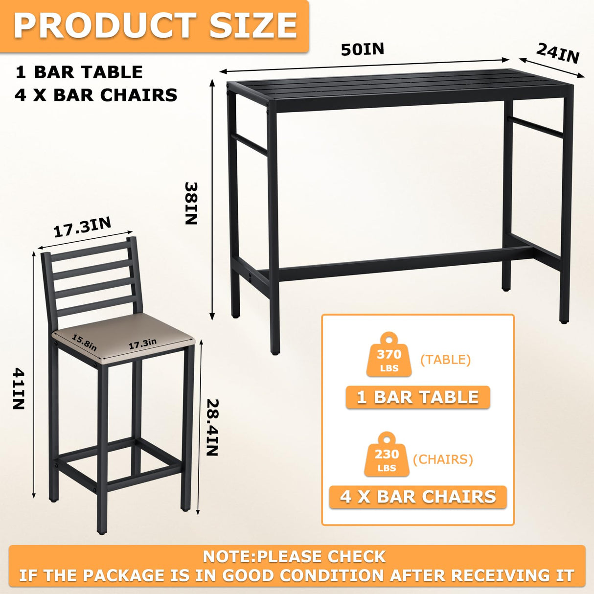 Jinrrenyi 5 Piece Outdoor Patio Bar Set, 54.7" Rectangular Counter Height High Top Bar Tables, 4 Cushioned 41" Bar Stools, Metal Bar Table and Chairs Set for Poolside, Balcony, Backyard, Porch Jinrrenyi