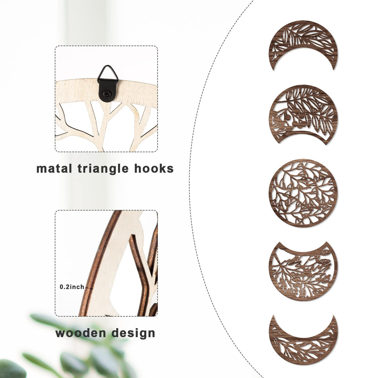 Jetec 5 Pcs Moon Phase Wall Decor Hanging Wooden Moon Phase Wall Art Nordic Art Boho Decor for Room Bar Ornament(Brown,10.6 Inch) Jetec