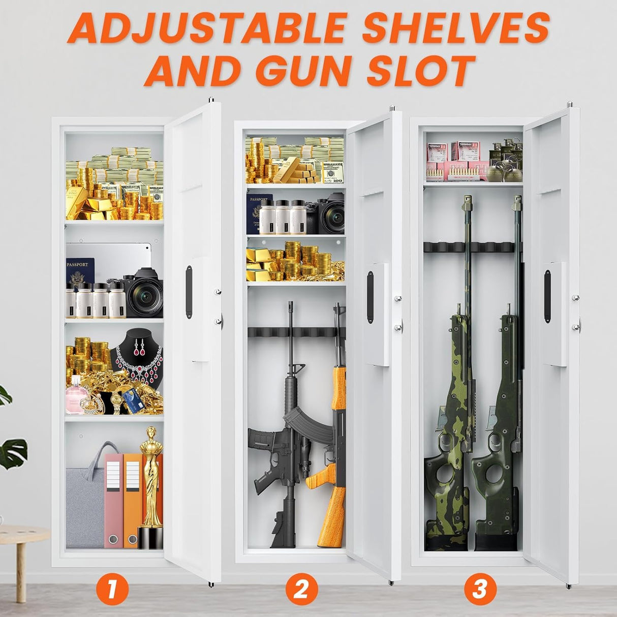 53" Tall Hidden Wall Safe with Fingerprint Lock - Fireproof & Waterproof, Dual Alarm System, 3 Adjustable Shelves, Magnetic Slot & Key Hooks - Modern White Steel Construction opentiny