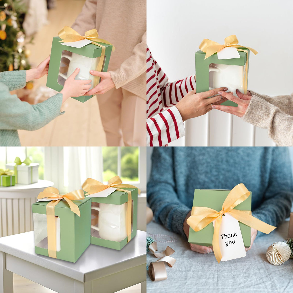 Whaline 24Pcs Sage Green Mug Gift Boxes with Tag Ribbon Sublimation Mug Boxes with Window Paper Gift Packaging Box for Blanks 11oz, 12oz, 15oz Mugs Whaline
