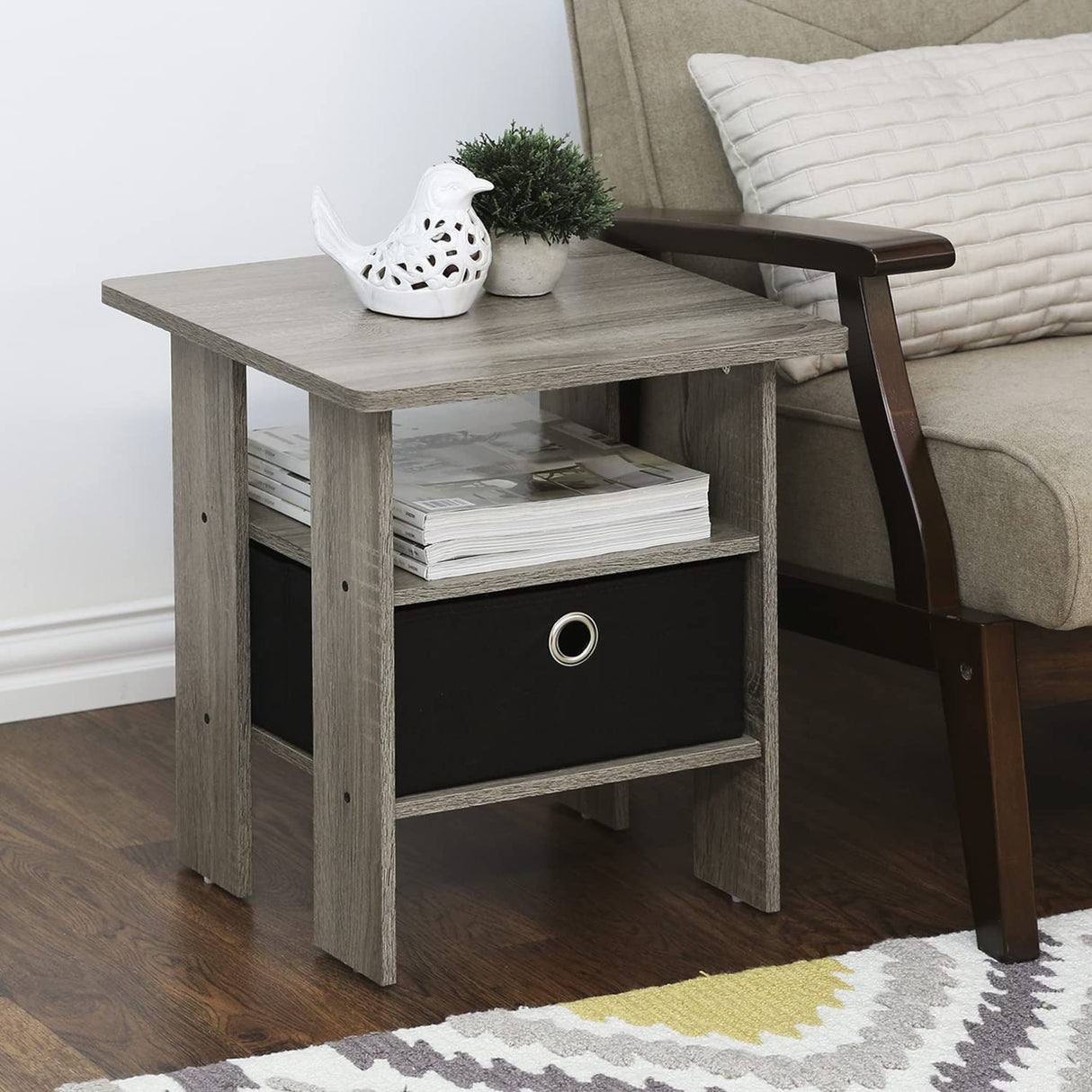 Furinno Andrey End Table / Side Table / Night Stand / Bedside Table with Bin Drawer, French Oak Grey/Black Furinno
