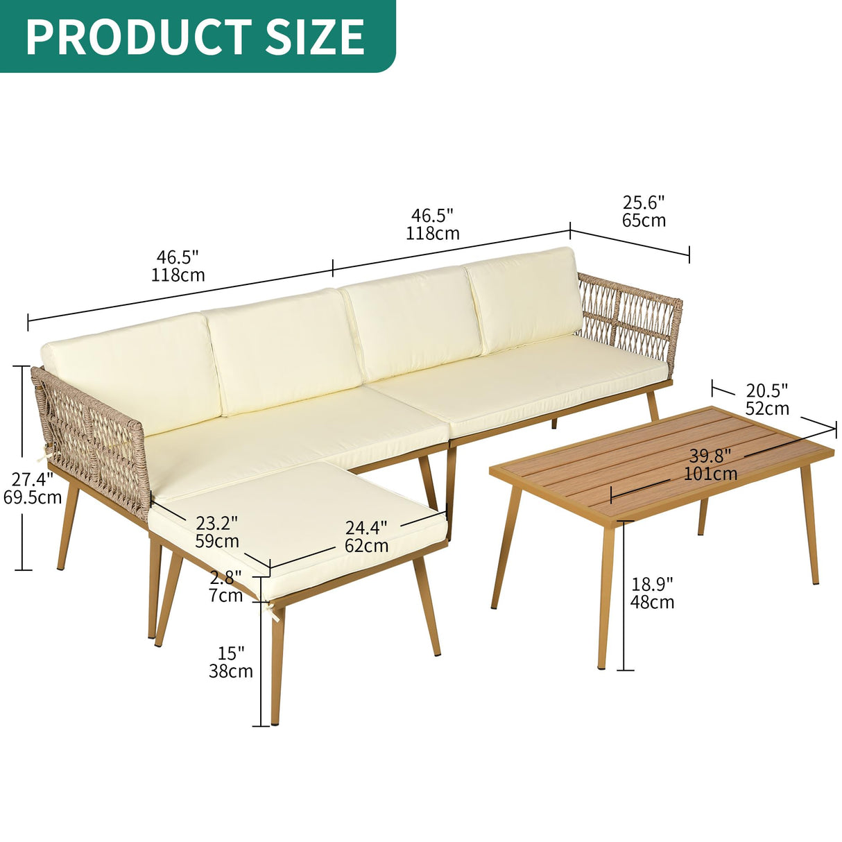 YITAHOME 4 Pieces Patio Furniture Set, Outdoor Rattan Woven Conversation Sectional L-Shaped Sofa with 5 Seater for Backyard, Porch, Boho Detachable Lounger with Cushions and Side Table - Beige YITAHOME