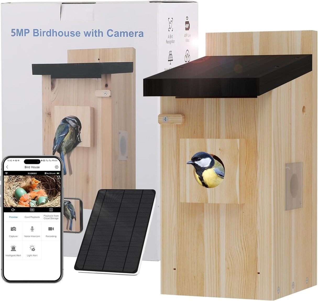 Bird House with Camera, 5MP Smart Birdhouse Camera with Solar Powered, Bird Box Camera for Families, Motion Detection & 32GB SD Card, Watch Bird Nesting & Hatching in Real Time, Ideal Gift for Friends Camii
