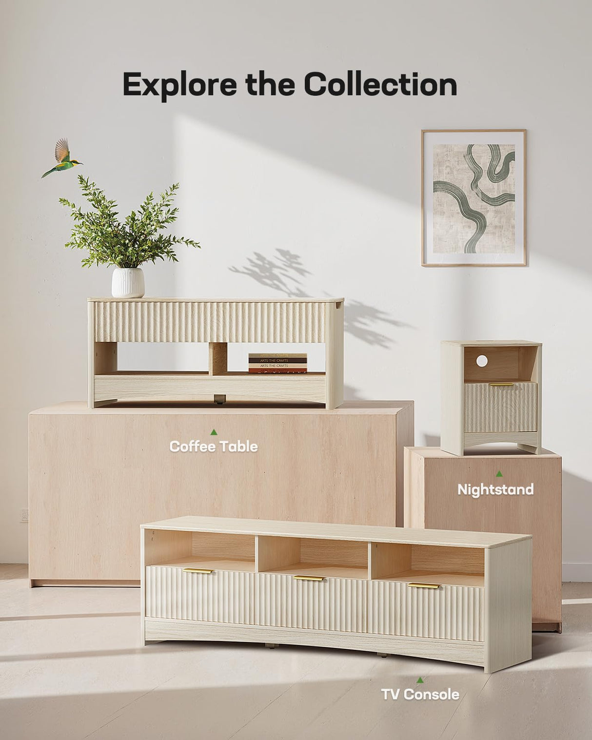 Marsail 59″ Wide TV Stand for TVs Up to 65″, Modern Entertainment Center with Fluted Panels, 3 Easy-Sliding Drawers, Open Shelves & Cable Hole, 3-Tier TV Stands for Living Room & Bedroom, Natural Oak Marsail