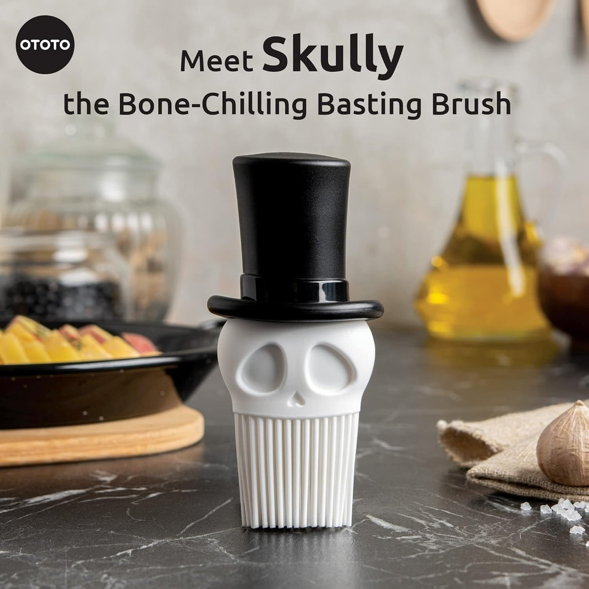 OTOTO Skully Basting Brush - Food Basting Brush for Cooking, Halloween Gifts, Gothic Kitchen Brush, Spooky Gifts, Skull Kitchen Accessories OTOTO