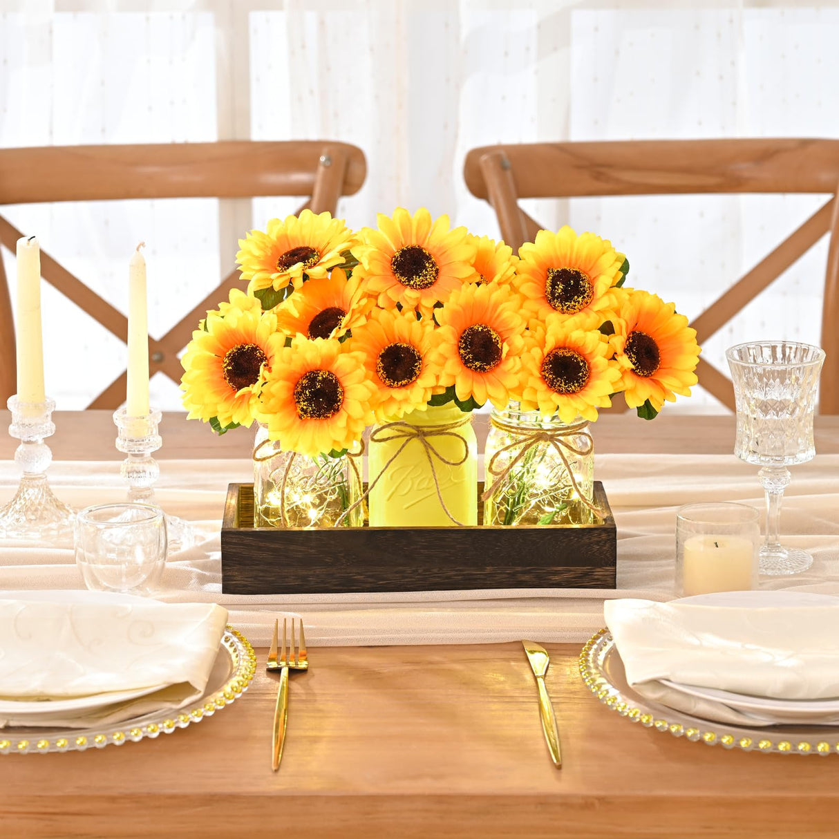 BLEUM CADE Centerpieces Table Decorations - 3Pcs Sunflowers Artificial Flowers in Mason Jars with Wood Tray, Dining Table Centerpiece Decor, Coffee Table Farmhouse Living Room Home Decorations BLEUM CADE