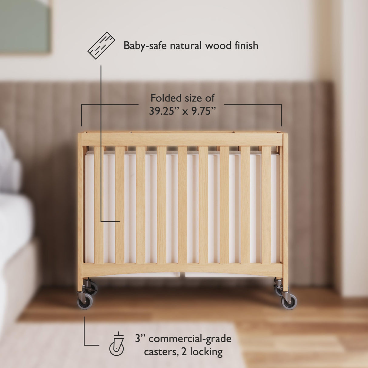 Foundations Travel Sleeper Compact Wooden Folding Crib, Portable Baby Crib with 2” InfaPure Foam Crib Mattress and Commercial Grade Casters, Hotel Crib (Natural) Foundations