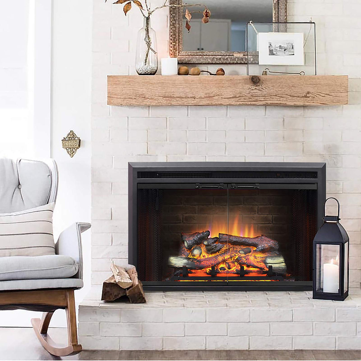 PuraFlame Klaus Electric Fireplace Insert with Fire Crackling Sound Glass Door and Mesh Screen, 750/1500W, Black, 33 1/16 Inches Wide, 21 Inches High, 33 1/16 W X 21 H X 7 51/64 D PuraFlame