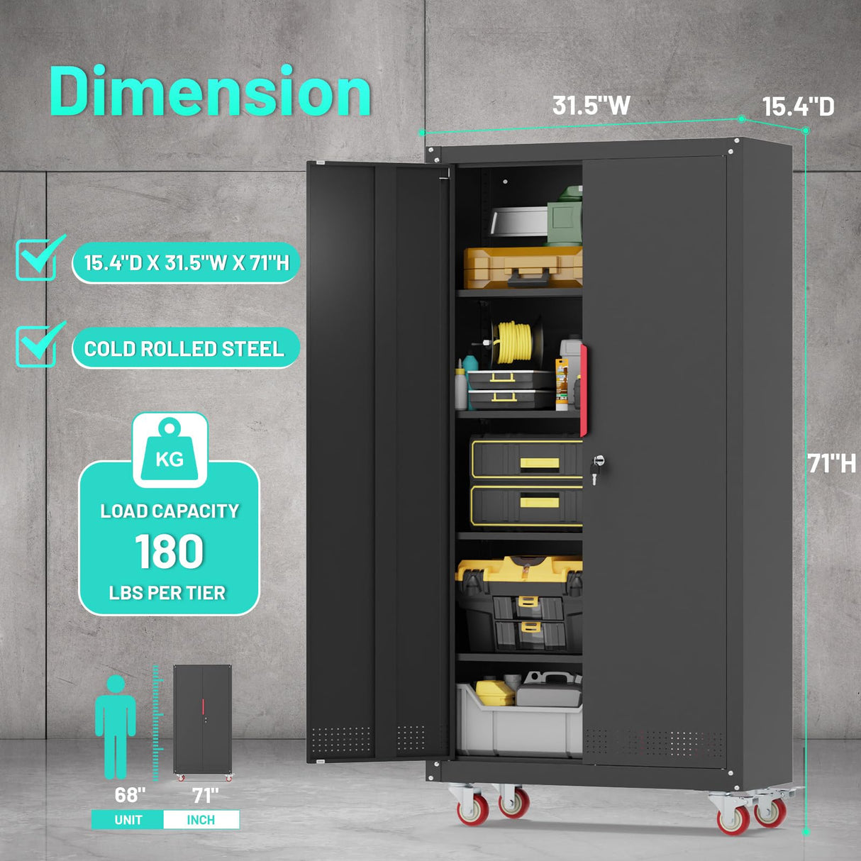 Eltean Metal Garage Cabinets with Wheels| 71" Steel Lockable Garage Storage Cabinet with 4 Adjustable Shelves, Heavy-Duty Tool Storage Cabinet for Home, Basement, Workshop (Black) Eltean