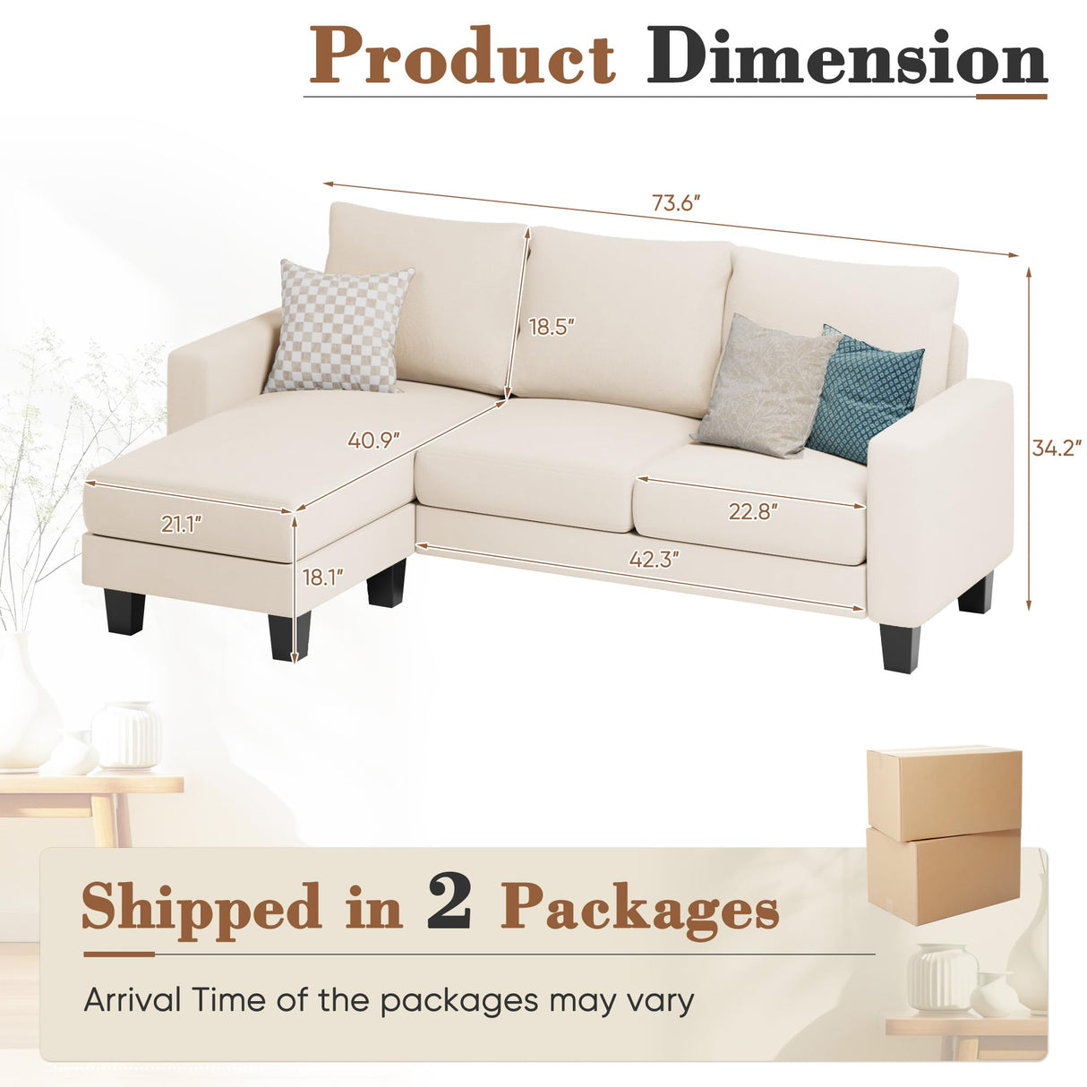 Homall Sofa for Living Room, Couch with Convertible Chaise, 3 Seat L-Shaped Sofas, Comfy Fabric Couches for Apartment, Small Space, White Homall