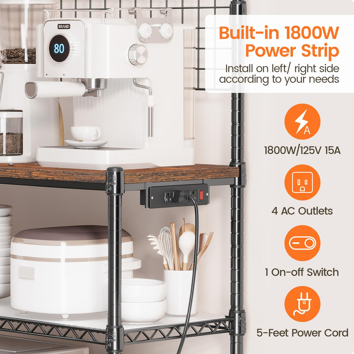 Leteuke Bakers Rack with Power Outlet & Storage, 36 Inch Microwave Stand Kitchen Cart, 4-Tier Metal Kitchen Shelves Cart with Wheels & 20 S-Hooks for Kitchen, NSF Certified, 63 x 18 x 36 Inch-Black Leteuke