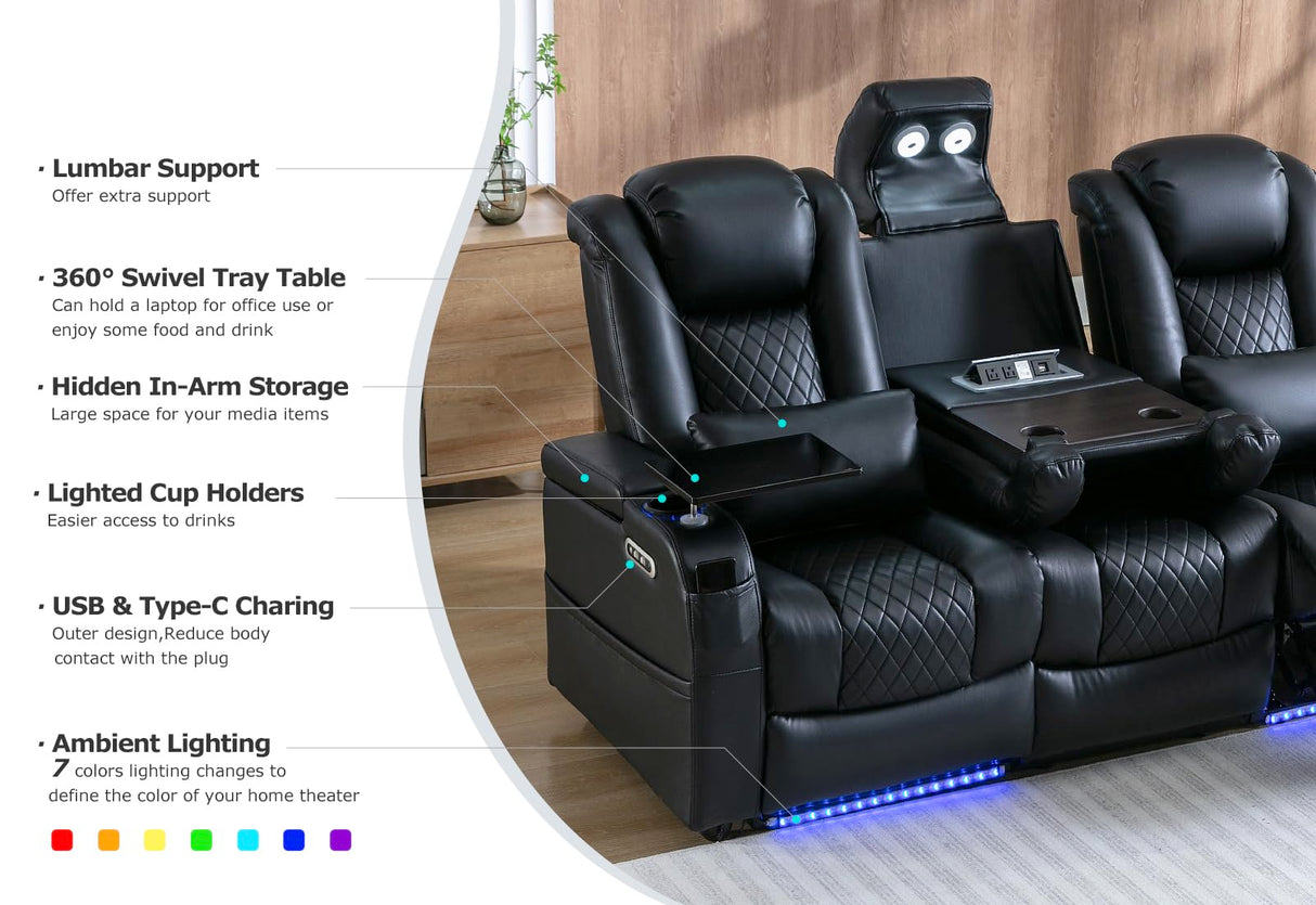 Sofa Recliner Home Theater Seating Seats, Movie Theater Chairs Theater Recliner with 7 Colors Ambient Lighting, Touch Reading Lights, Lumbar Pillow, Tray Table, Center Drop Down Console, Black Akeysous