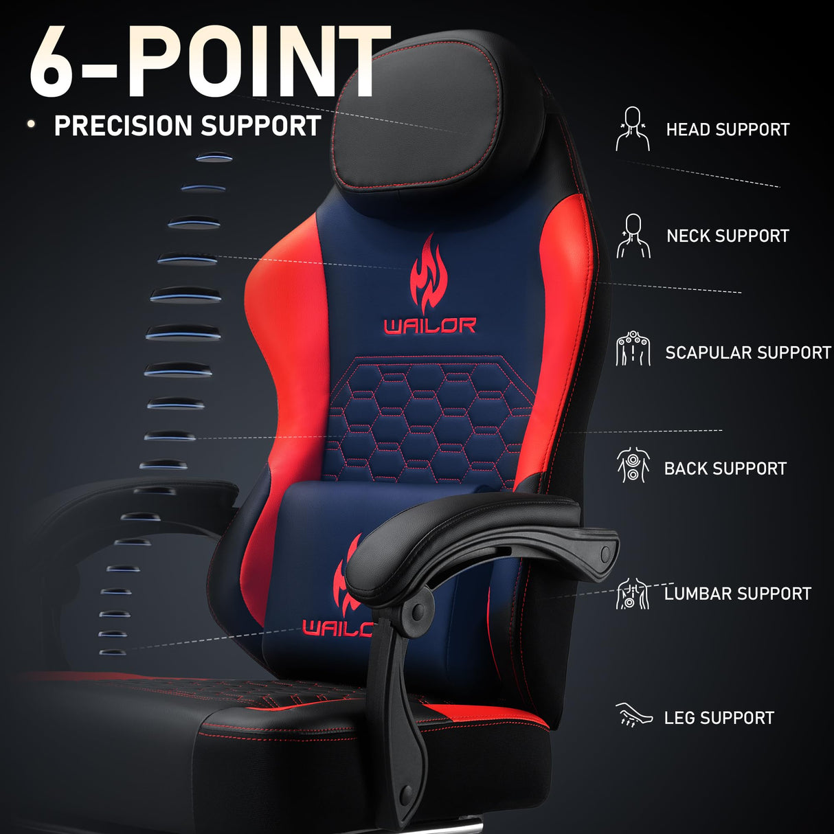 Gaming Chair with Massage and Packet Spring Cushion,Ergonomic Gamer Chairs for Adults with Footrest 300lbs,High Back Gamer Leather Chair with Headrest and Lumbar Support WAILOR