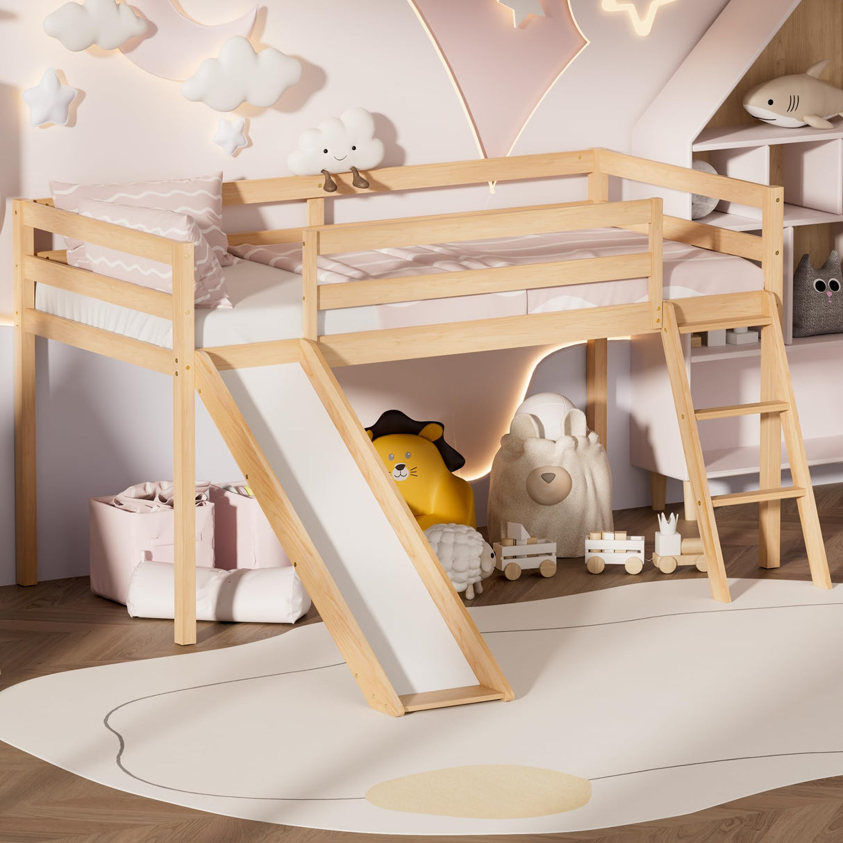 TOLEAD Twin Low Loft Bed with Interchangeable Slide and Ladder for Kids TOLEAD