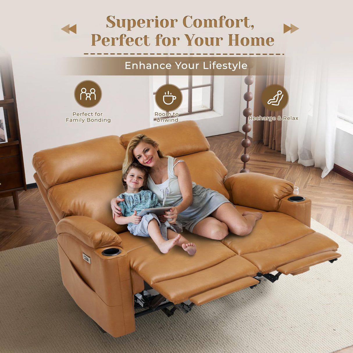 PALLOME Power Recliner Loveseat, Electric Reclining Sofa with USB & Type-C Ports, Wall Hugger Recliner with Extended Footrest, Loveseat Couch for Living Room, RV (Brown) PALLOME