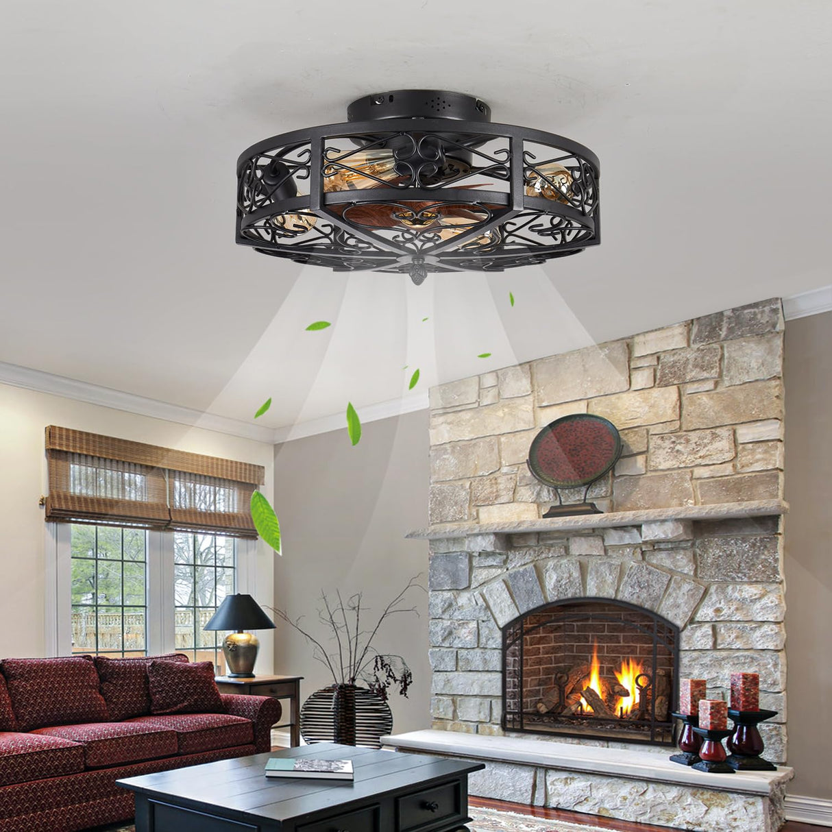 MeZeYo 20" Caged Farmhouse Flush Mount Ceiling Fan with Light and Remote Control Bladeless Low Profile Ceiling Fans with Lights Enclosed Vintage Fan 6 Speed Reversible for Kitchen, Bedroom MeZeYo