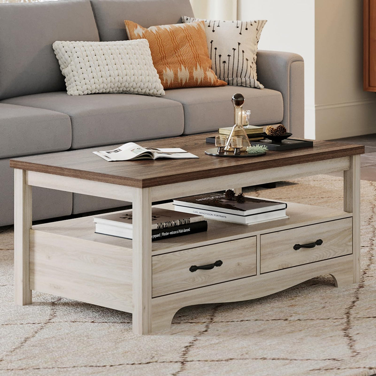 LINSY Farmhouse Coffee Table, Rectangle Coffee Table with Drawers, Rustic Wooden Coffee Tables with Storage, Center Table for Living Room, Apartment, Office, White Oak LINSY
