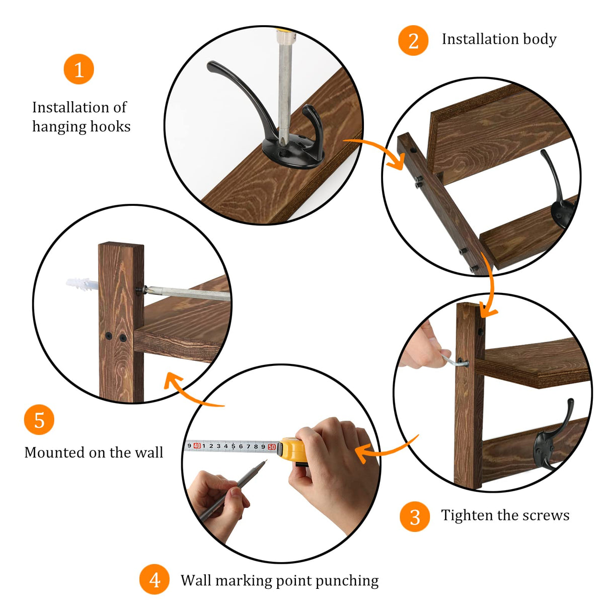 BAMEOS Wall Mounted Coat Rack with Adjustable Easy Install, Rust Proof, Brown Wooden Material, 28.9 Inch Length BAMEOS