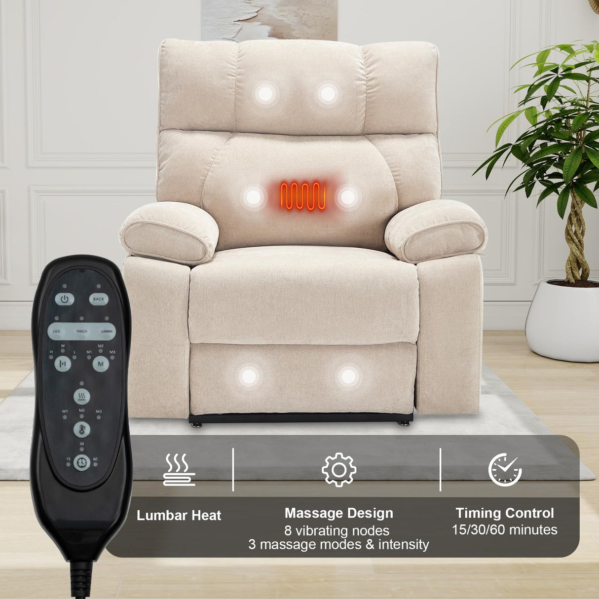 RHHVVR Oversized Power Lift Recliner Chair with Massage and Heating, 24.8" W Big Lay Flat Lift Recliner for Elderly, Medium-Firm Electric Recliners with Hidden Cup Holders,Beige RHHVVR