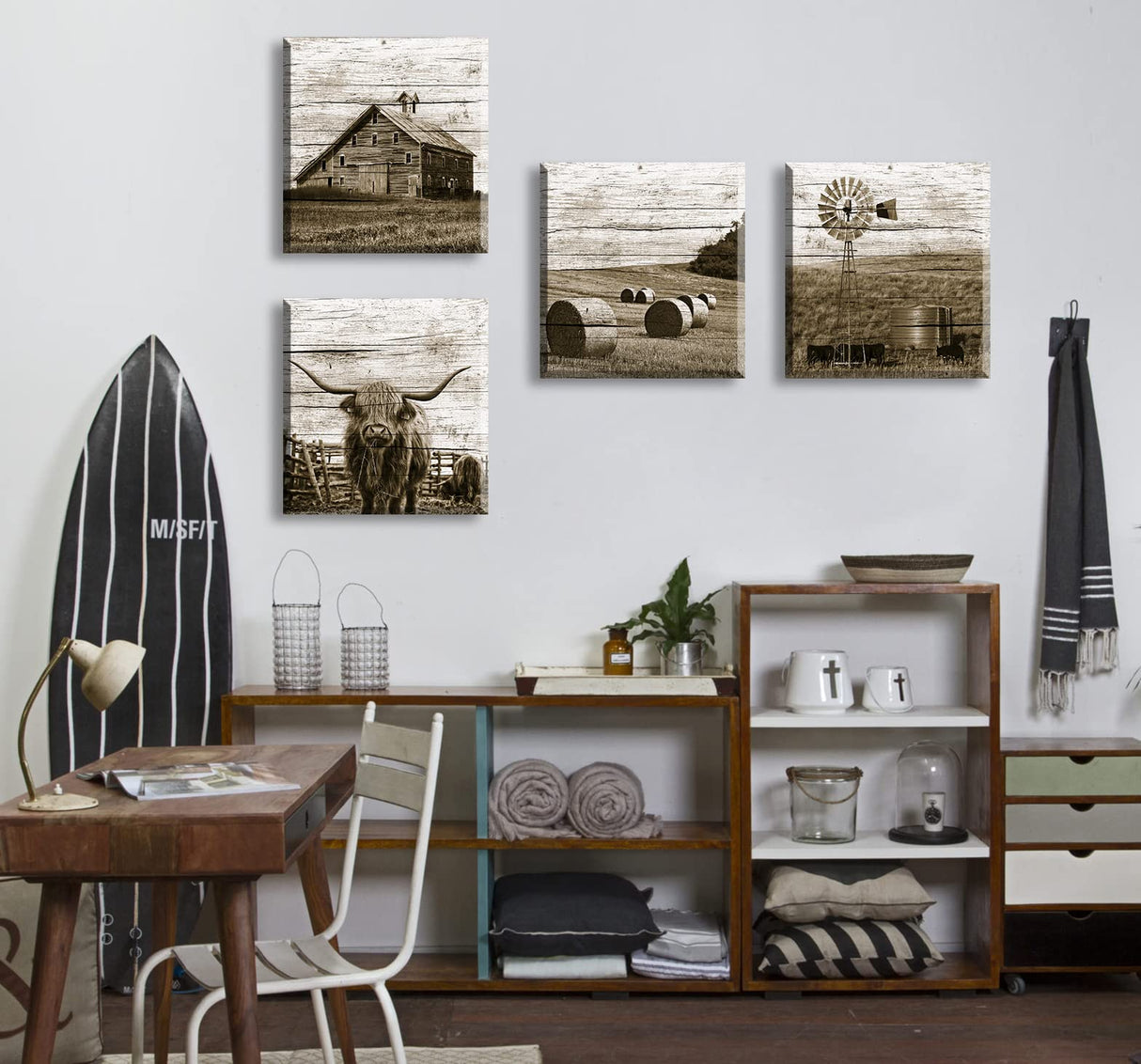 DJSYLIFE Western Decor Farmhouse Wall Decor Highland Cow Wall Art Rustic Painting Poster for Men's Bedroom Office Canvas Printed Poster Home Decoration Artwork 12" Wx12 Hx4 DJSYLIFE