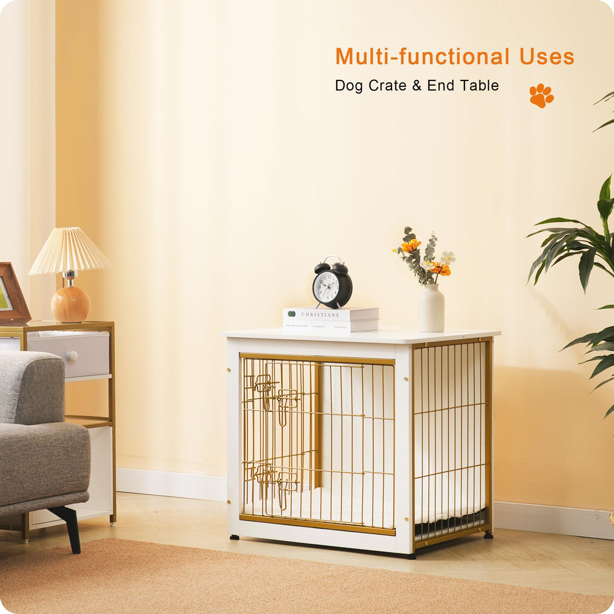 DWANTON Dog Crate Furniture with Cushion, Wooden Dog Crate with Double Doors, Dog Furniture, Dog Kennel Indoor for Small/Medium/Large Dog,End Table, Small, 27.2" L, White Dwanton