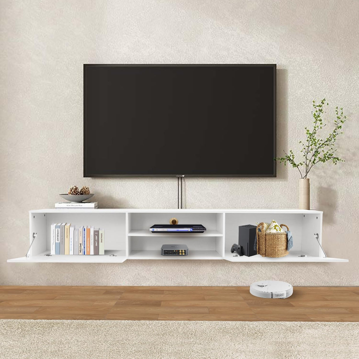 TIMSATIO Floating TV Stand Wall Mounted,70" Floating Entertainment Center for 60" 70" 80",Floating Shelf for Under tv, 3 Cabinet TV Console,Media Console for Living Room (Pure White) TIMSATIO