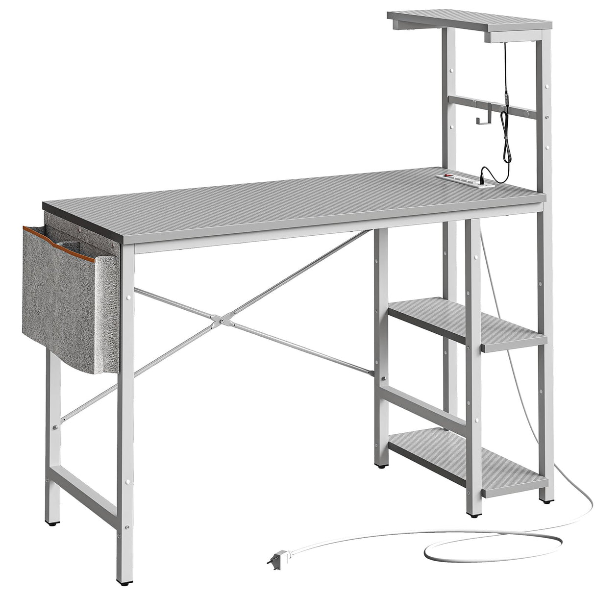 Bestier Gaming Desk with Power Outlets, 44 Inch Led Gamer Desk with 4 Tiers Reversible Shelves, PC Gaming Table with Headset Hook & Side Storage Bag for Bedroom (Grey 3D Carbon Fiber) Bestier