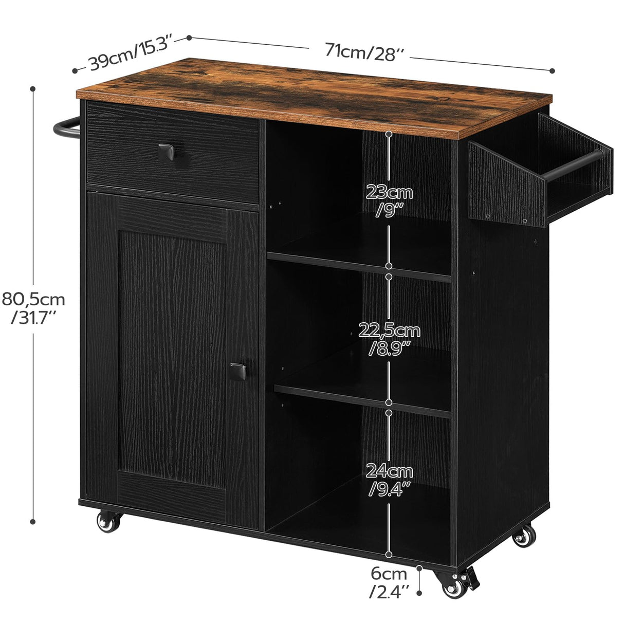 HOOBRO Kitchen Island, Storage Cabinet with Drawer, Kitchen Cart with Spice and Towel Rack, Saving Space, Easy Assembly, for Living Room, Rustic Brown and Black FB12ZD01 HOOBRO