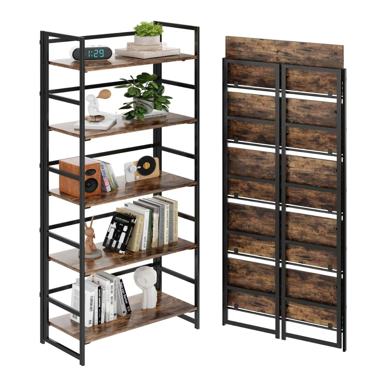 BHG Vintage Multifunctional Folding Bookshelf, No-Assembly Plant Stand Storage Rack Shelves for Home Office (Fire, 5-Tier)