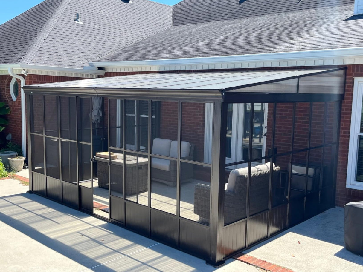 Domi 12x16FT All Season Sunroom, Outdoor Permanent Wall Mounted Solarium with Detachable Polycarbonate Windows, Aluminum Lean to Gazebo Sun Room with 2 Lockable Sliding Doors for Garden Patio Deck domi outdoor living