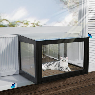 FunXplore Cat Window Box Catio Outdoor Cat Enclosure Cat Window Perch with Side Bug-Proof Wire Grid Fits Double Hung Frames 25.4" to 43.3" Wide, Sunbathing Napping Overlooking