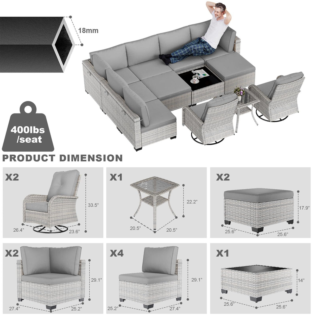 12-Piece Patio Furniture Set, Outdoor Patio Furniture with Swivel Chairs Set, Ottomans, Modular Patio Sofa, Dual-Strand Wicker Rattan, Rust-Resistant Frame, Grey Sweecci