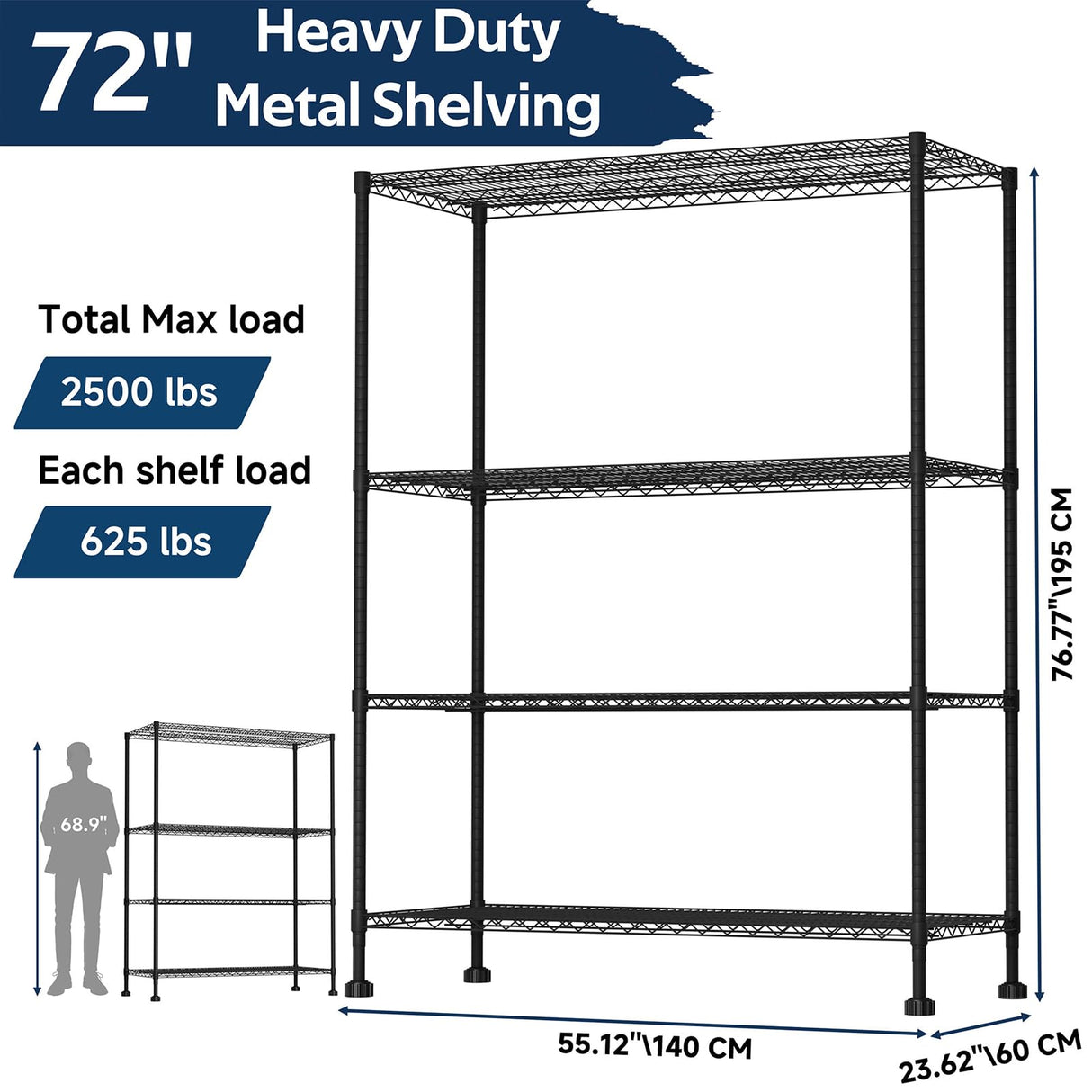 Whitmor 4 Tier Storage Shelves with Wheels, Heavy Duty Metal Shelving Unit, 625 lbs Capacity per Shelf, 2500 lbs Total for Kitchen, Garage, Plant, 55" L x 24" W x 72" H, Black Whitmor