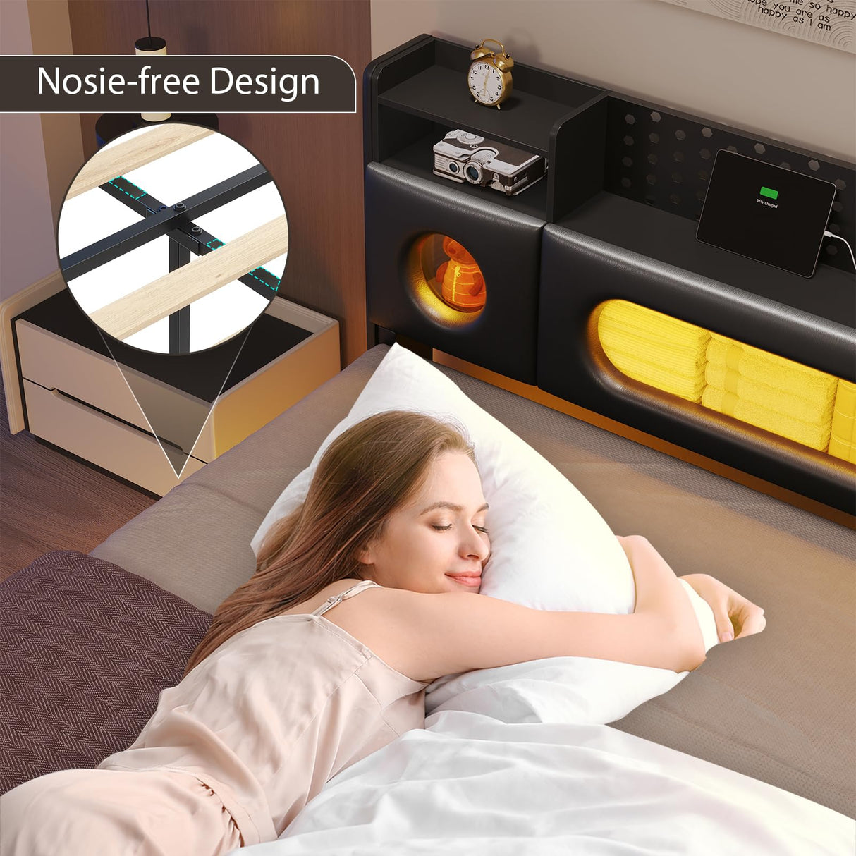 busyaeh Floating Bed Frame King with Storage & Headboard, Platform Frame with LED Lights, Upholstered King Size Floating Bed with Headboard, No Box Spring Needed, Noise-Free, Easy Assembly, PU Black busyaeh