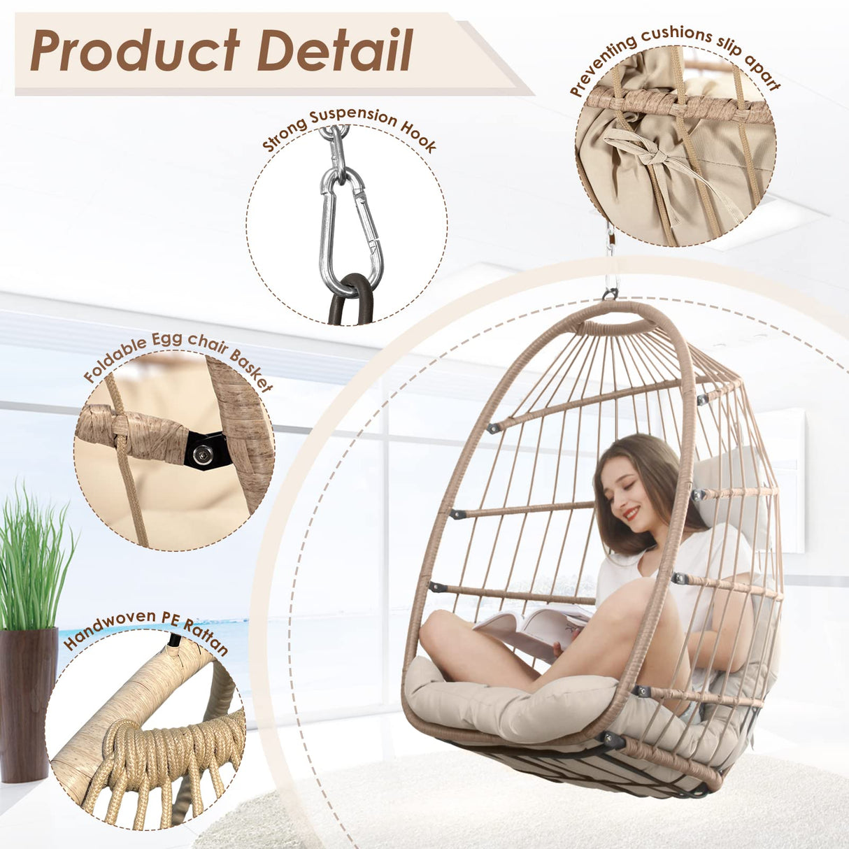 RADIATA Foldable Hanging Egg Chair Without Stand, Rattan Swing Chair with Cushion and Pillow, Wicker Hammock Chair for Indoor Outdoor Bedroom Patio Garden (Beige) RADIATA