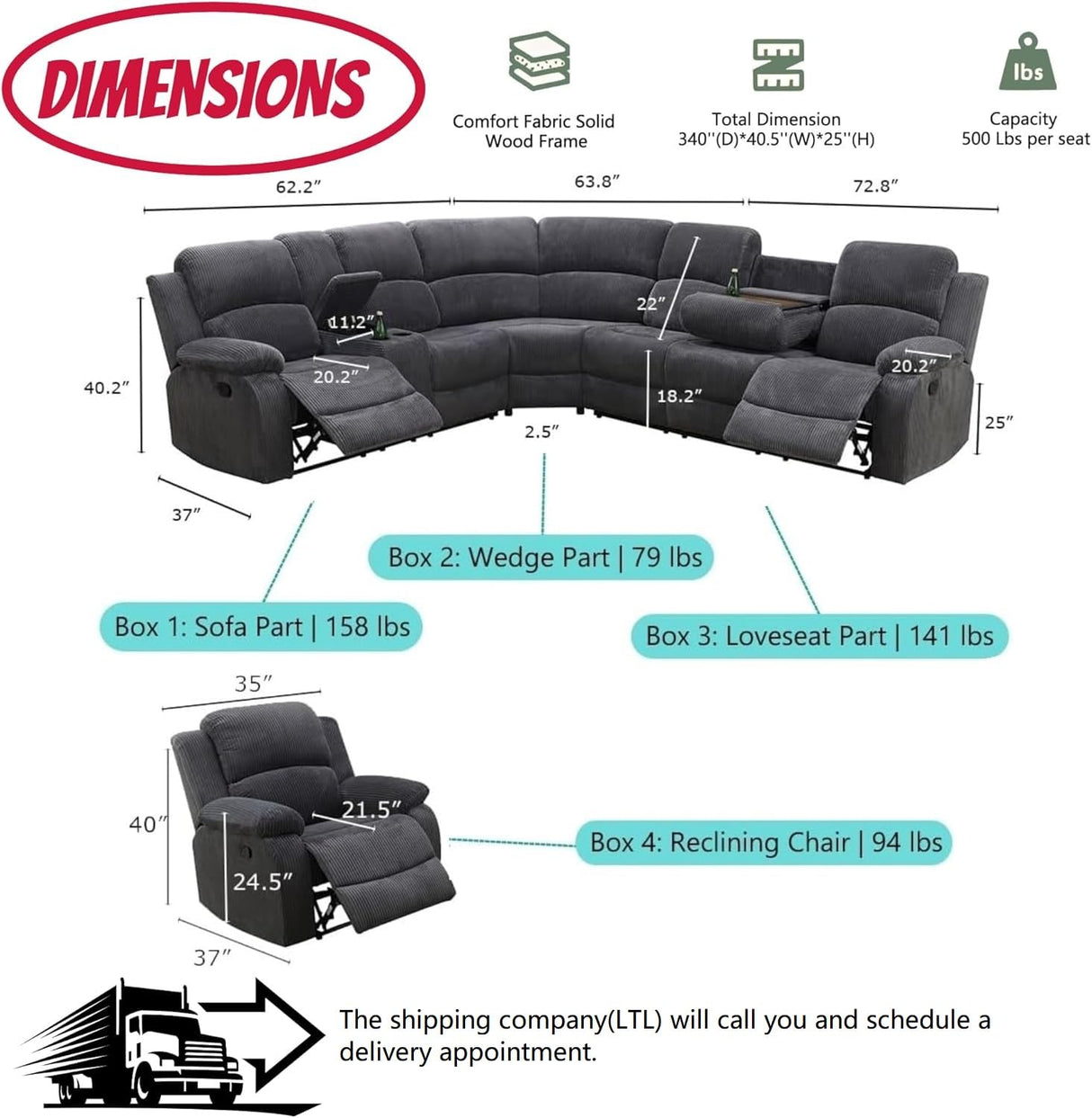 Manual Reclining Sofa Set with Drop-Down Table, Corduroy Sofa Sets, Living Room Furniture Sets, Modern Manual Recliner Sofa Sets with Storage Console for Living Room (Dark Grey, Sectional+Chair) AYCP Furniture