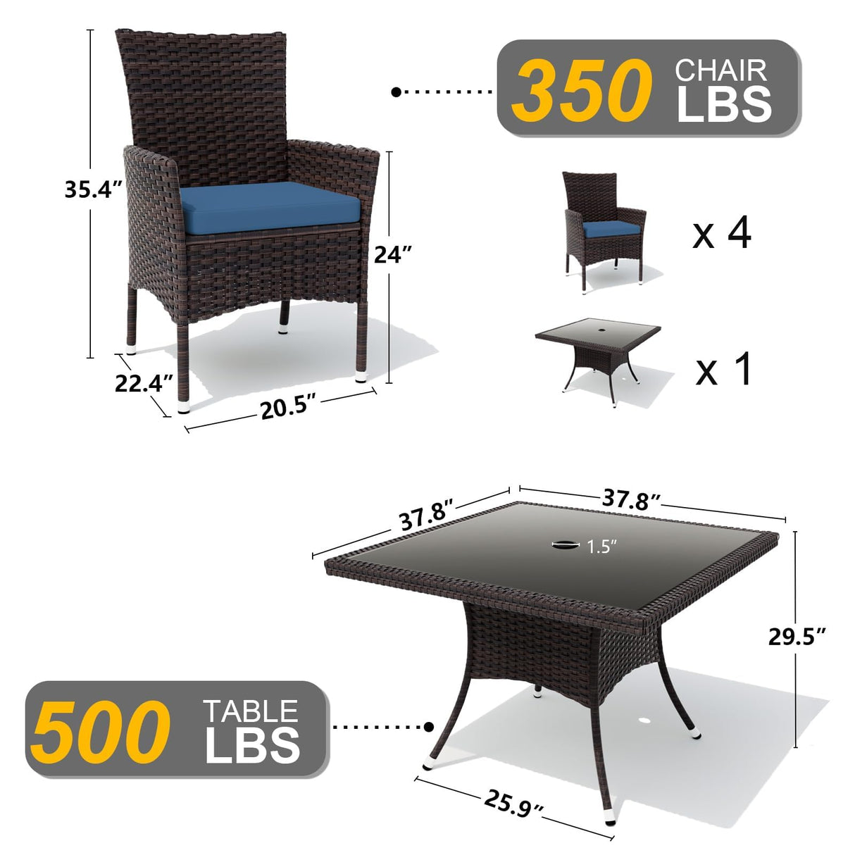 Gotland 5-Piece All-Weather Rattan Patio Dining Set with Tempered Glass Table, Tilt Backrest, Umbrella Hole, and Removable Cushions for Lawn, Deck, Backyard Gotland