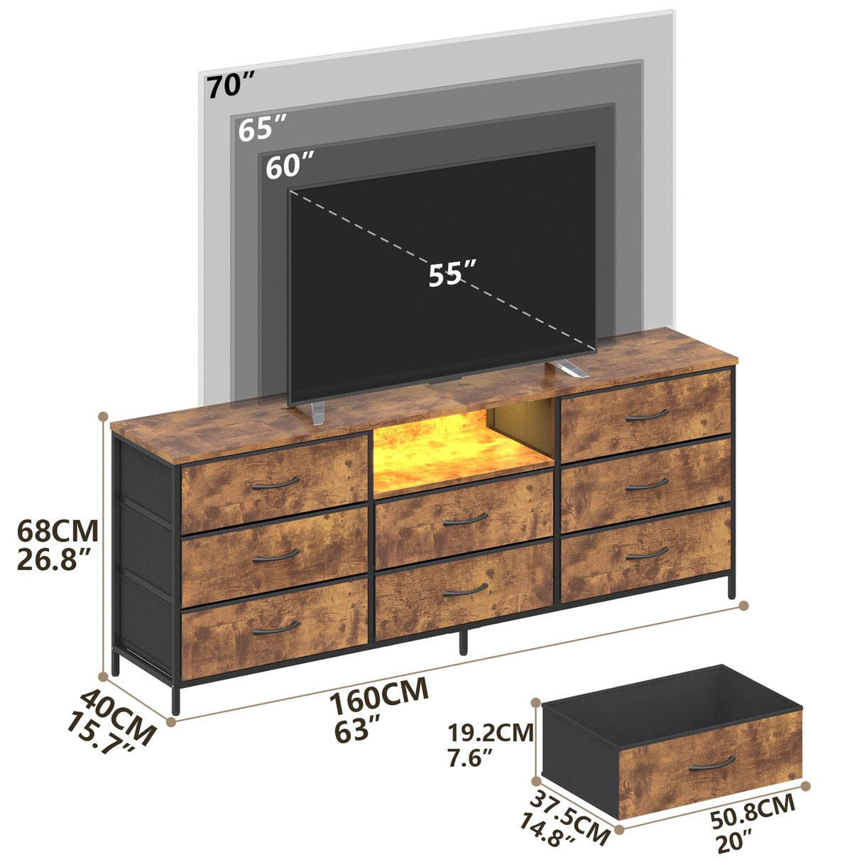 Loomie 63 Inch Dresser for Bedroom, Wide Long Fabric Dresser with LED Lights & 8 Drawers, Large TV Stand for 55, 65, 70 Inch TV, Entertainment Center with Storage (Rustic Brown) Loomie